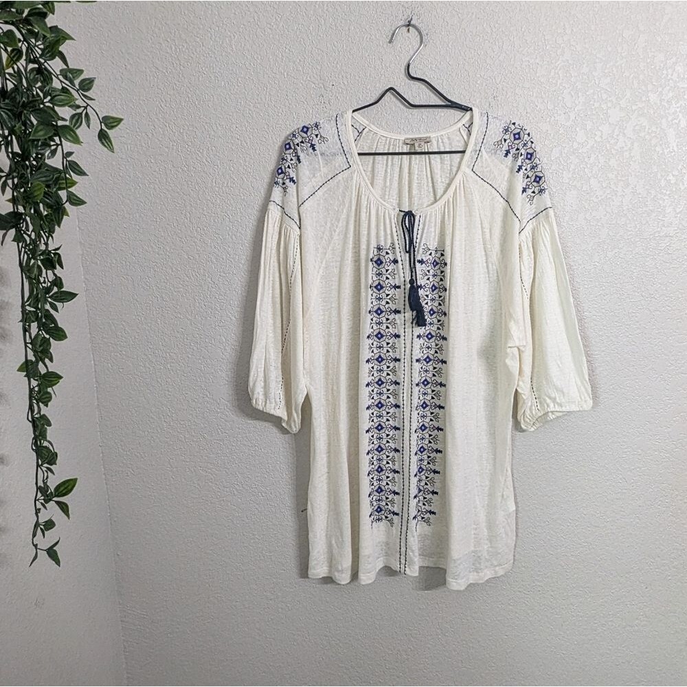 Lucky Brand Woman Linen Blend Ivory White Peasant Top Embroidery Tassels Boho 3X